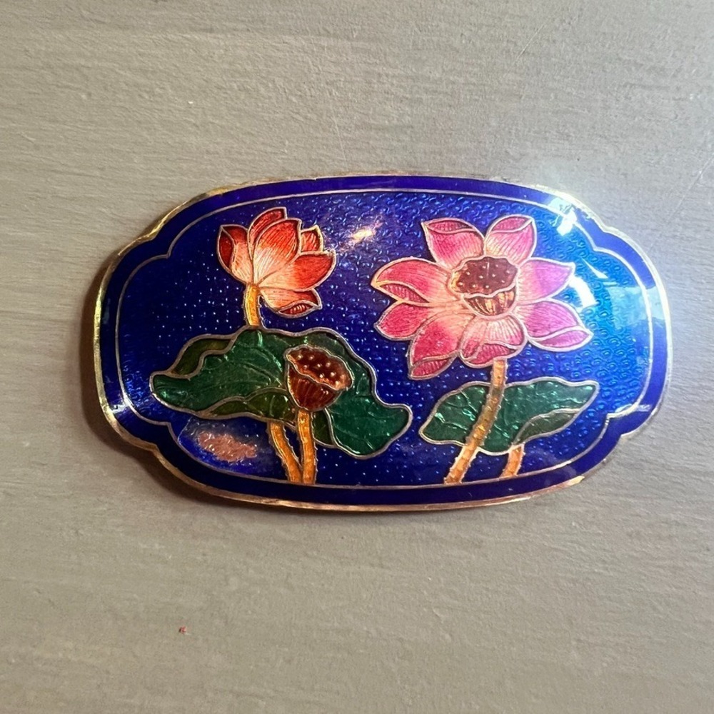 Vintage Cloisonne Enamel Lotus Flower Brooch Pendant‎ Blue Pink Grn Needs REPAIR